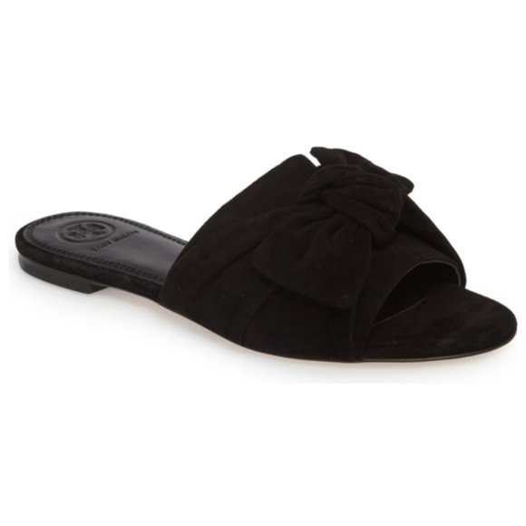 Tory Burch Annabelle Bow slide Kids Suede Black Size 7 - Picture 1 of 5